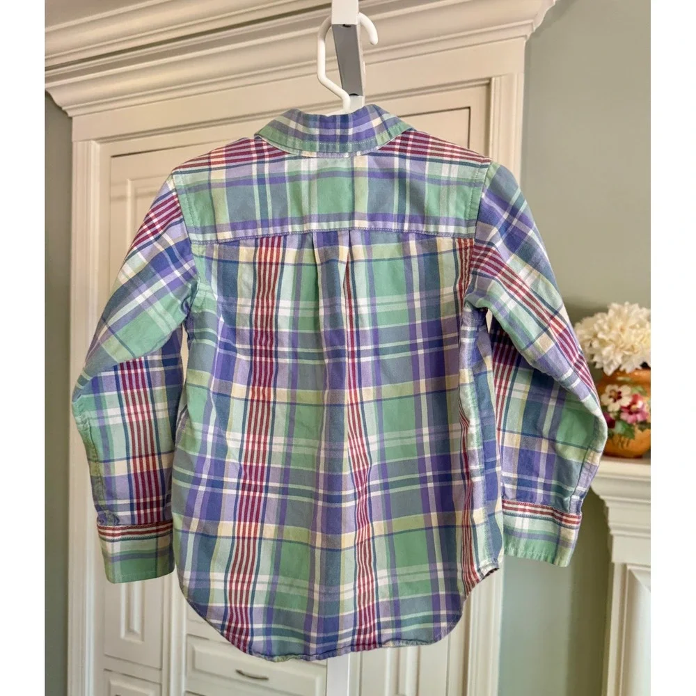 Ralph Lauren Kids Plaid Button Down Shirt‎ 3T Green Purple Cotton Long Sleeve
